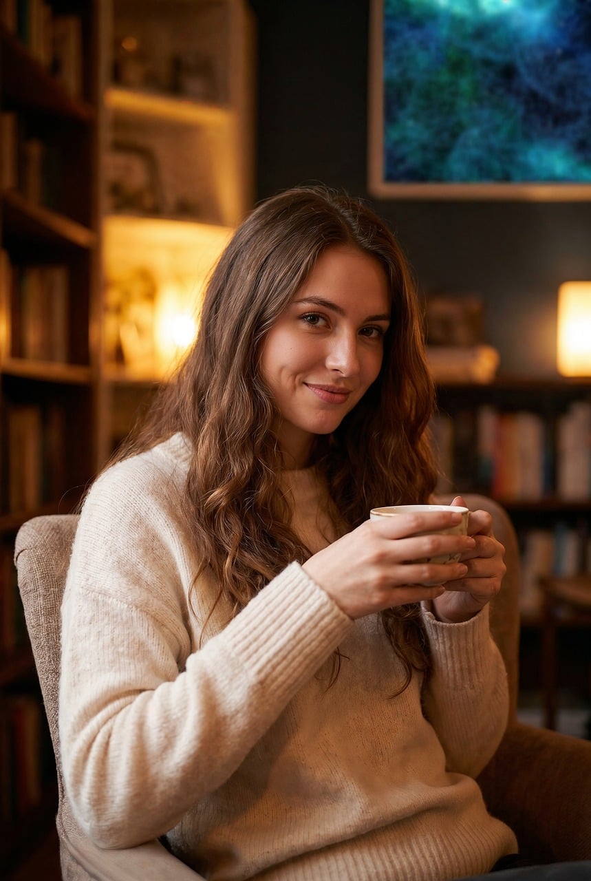 woman, drinking, tea, sweater, living room, relaxation, cozy, bookshelf, books, evening, night scene, comfortable, privacy, home comfort, warm, home, skin, girl, lighting