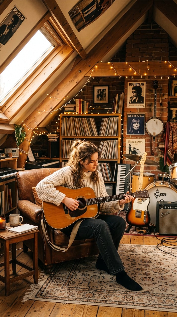 music, guitar, woman, hobby, interior, guitarist, singer, evening, home, cozy, acoustic, relaxation, lighting, carpet, vintage, atmosphere, art, collage, decoration, artist, book